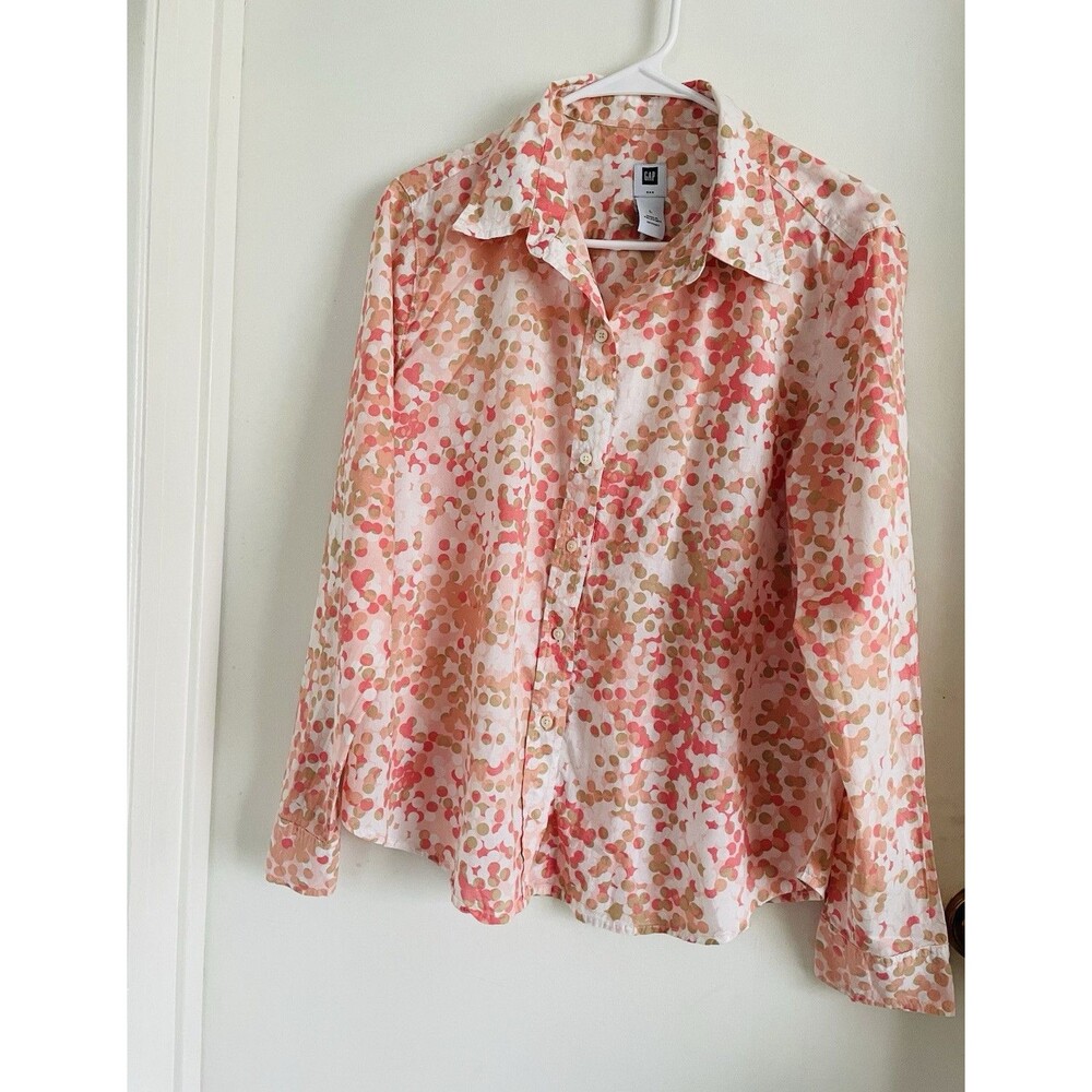 GAP Women's L Polka Dot Button-Up Shirt Collared Long Sleeve 100% Cotton